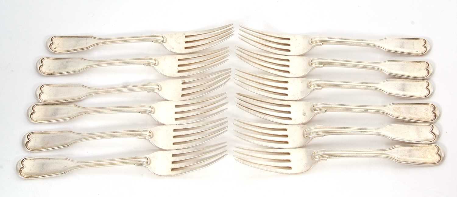Eleven Victorian silver dessert forks, fiddle and thread pattern, hallmarked London 1845, makers