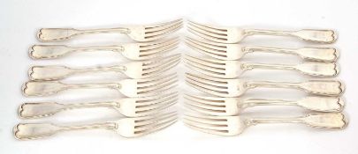 Eleven Victorian silver dessert forks, fiddle and thread pattern, hallmarked London 1845, makers