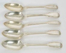 Five matching Victorian dessert spoons, fiddle and thread pattern together with one other, five