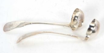 A pair of William IV fiddle pattern silver toddy ladles, initialled, hallmarked Edinburgh 1831,