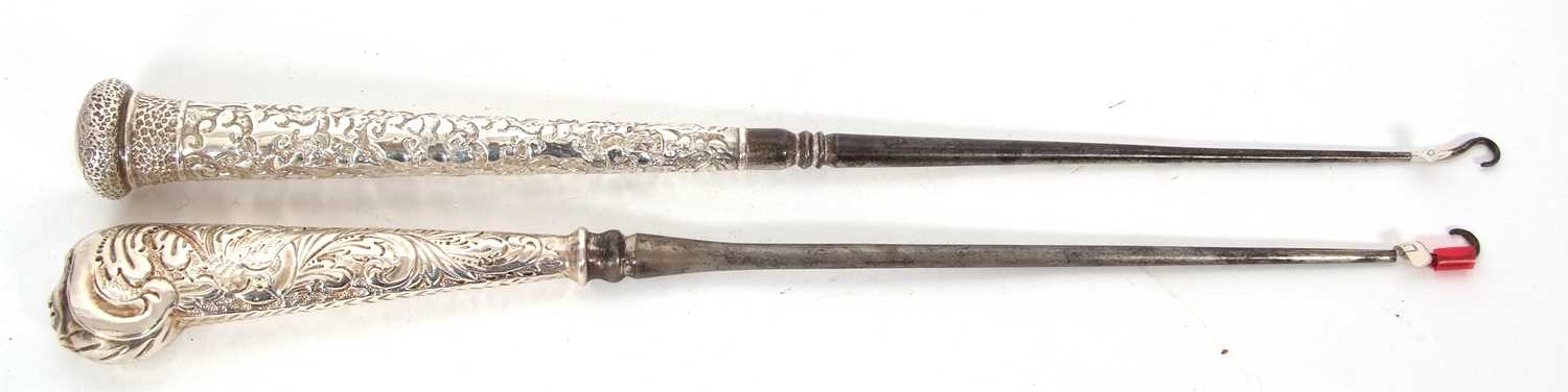 Two Victorian long handled button hooks, one with the handle in the form of a walking cane handle, - Image 3 of 3