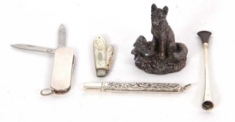Mixed Lot: Silver bladed mother of pearl cased fruit knife, an Art Deco silver cheroot holder, a