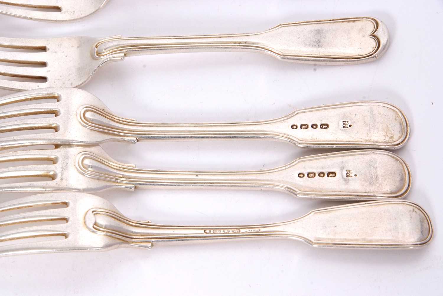 Eleven Victorian silver dessert forks, fiddle and thread pattern, hallmarked London 1845, makers - Image 4 of 4