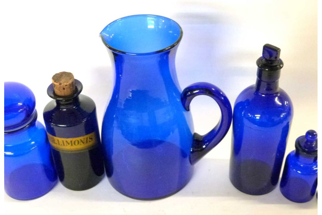 Group of Bristol blue glass wares including a large jug, eye bath and a chemists bottle - Image 3 of 3