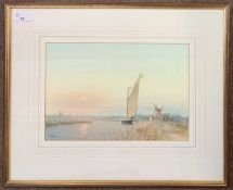 Peter Metcalf (1944-2004), Broadand scene with Wherry and windmill, watercolour, signed, 22x33cm,