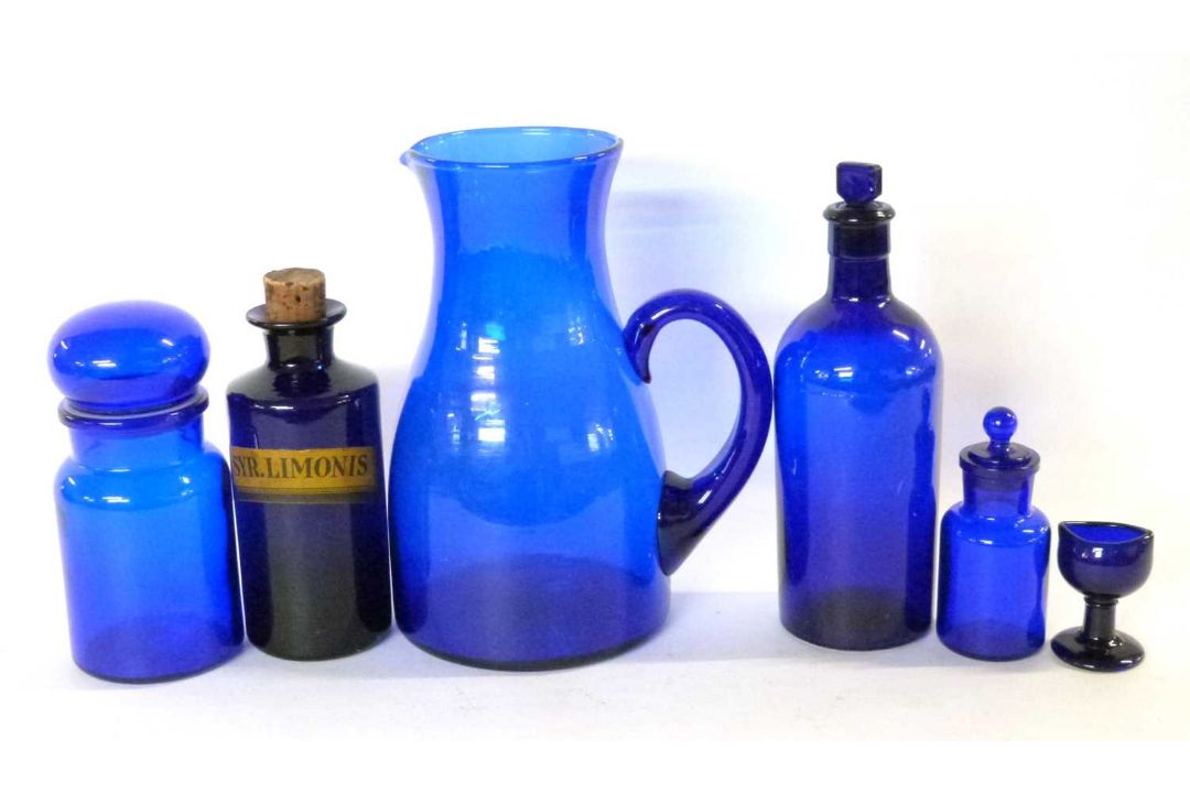 Group of Bristol blue glass wares including a large jug, eye bath and a chemists bottle - Image 2 of 3