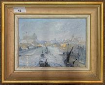 David Poole (British, b.1931), view across a river with barges and surrounding town /city scape,