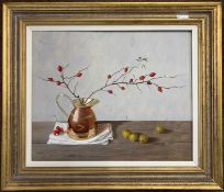 R. Wyatt (British, b.1945), Still life, oil on board, signed, 43.5x54cm, framed