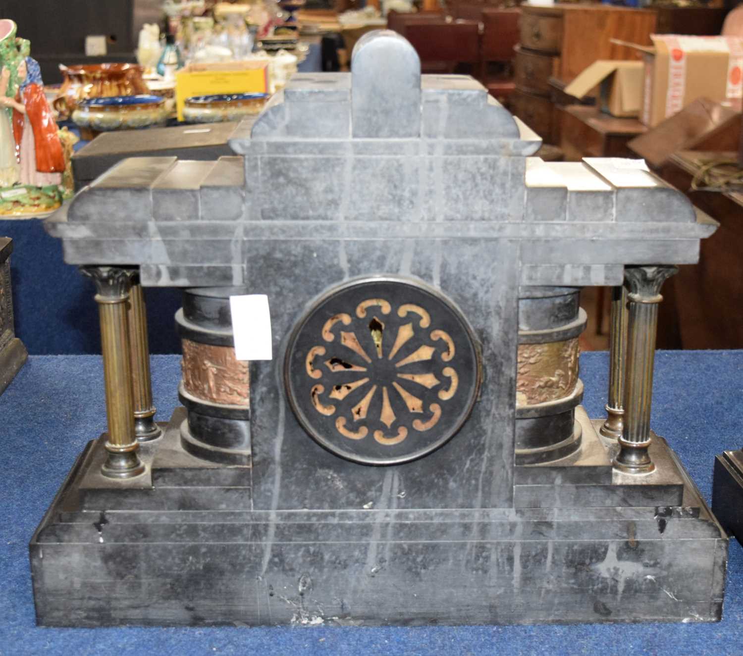 A large Victorian black slate clock, the gilt face with black numerals with four small Corinthian - Image 2 of 2