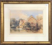 British School (19th century), Drover with cattle watering by an old mill, watercolour, unsigned,