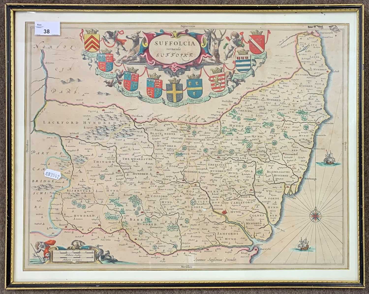 Joannes Jansson (1588-1664). 'Suffolk', hand coloured copper engraved map, circa 1654, 38x49.5cm,