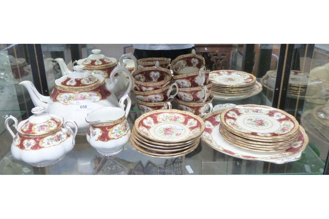 A Royal Albert tea set in the Lady Hamilton pattern comprising teapot, milk jug, sucrier and - Image 1 of 4
