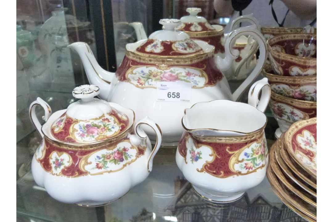 A Royal Albert tea set in the Lady Hamilton pattern comprising teapot, milk jug, sucrier and - Image 4 of 4
