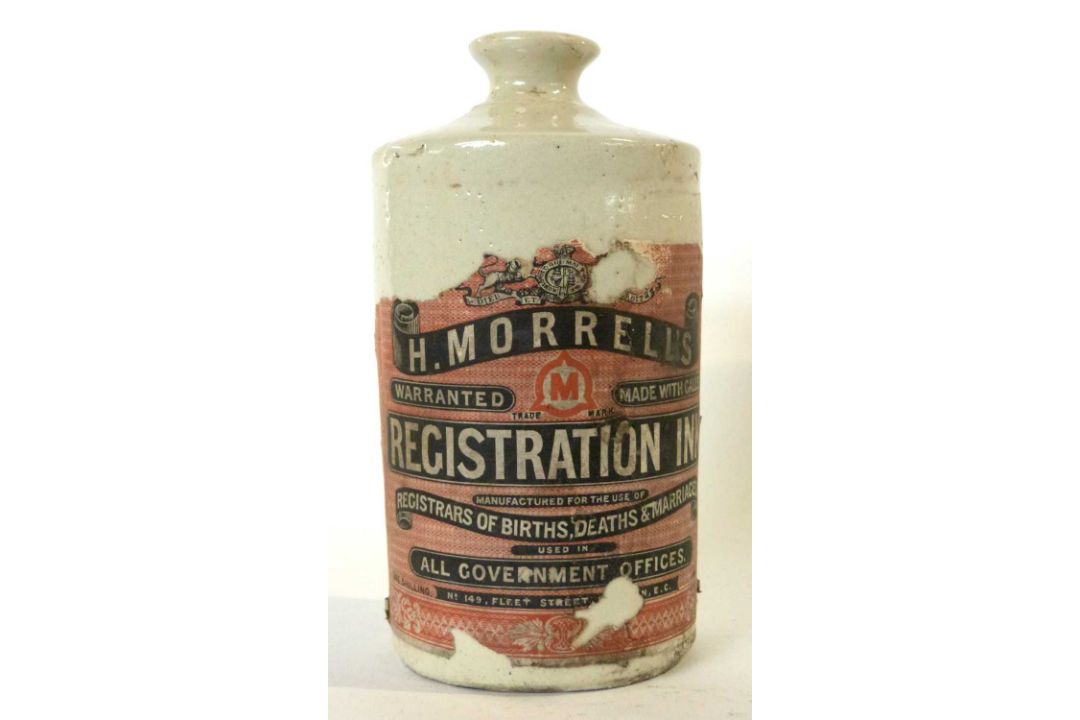 Interesting Victorian stoneware ink bottle with original label for Morrells stationery suppliers, - Image 1 of 5