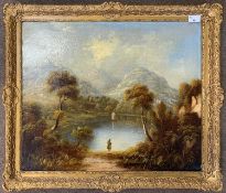 Scottish School, 20th century, A figure looks out over a highland / loch, oil on canvas, unsigned,