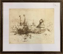 Frank Brangwyn RA RWS RBA (British,1867-1956), Tall mast ship moored on a Belgium coastline,
