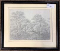 George Frost (1734-1821), View through woodland to a cottage, pencil sketch on paper, 15x20cm,