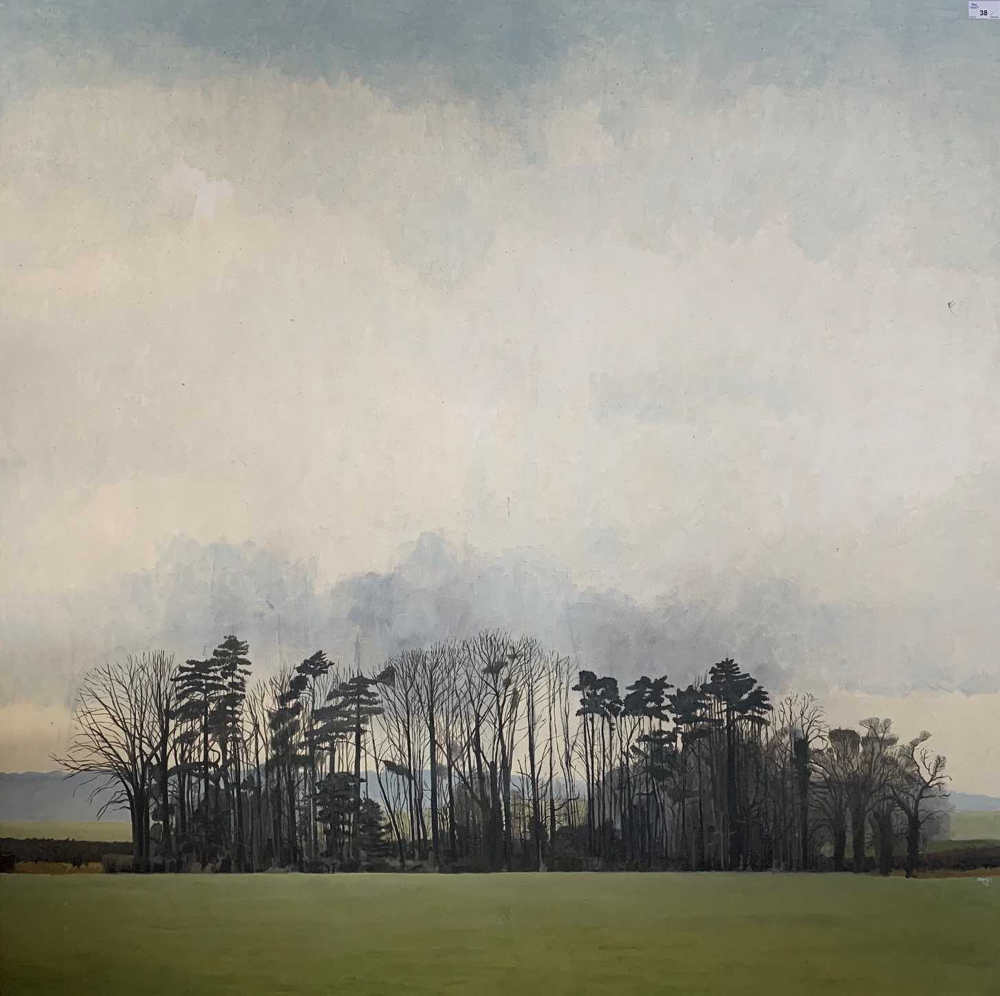 British School, 20th century, Landscape view over woodland and large clouded skyline, bears