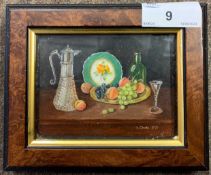 Enid Clarke R.M.S. (1919-2020), miniature still life of fruit, oil on board, signed, 7x9.5cm,
