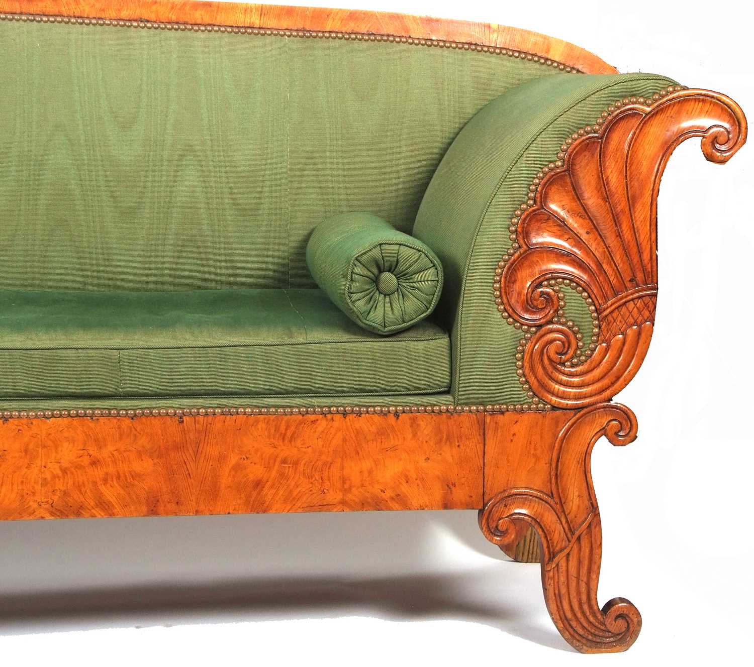 A large Scandinavian Biedermeier style birch sofa with green upholstery and bolster cushions, the - Image 2 of 9