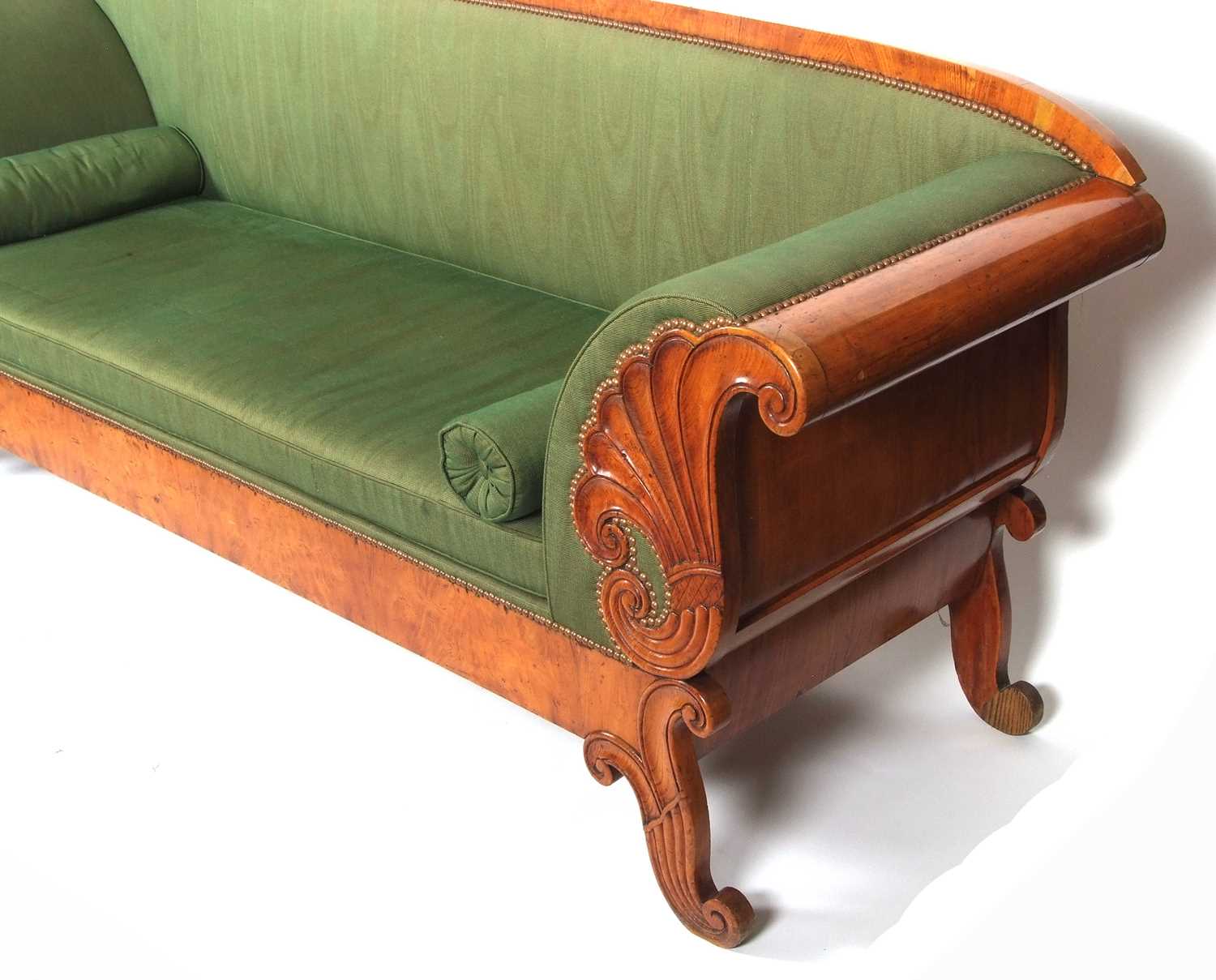 A large Scandinavian Biedermeier style birch sofa with green upholstery and bolster cushions, the - Image 5 of 9