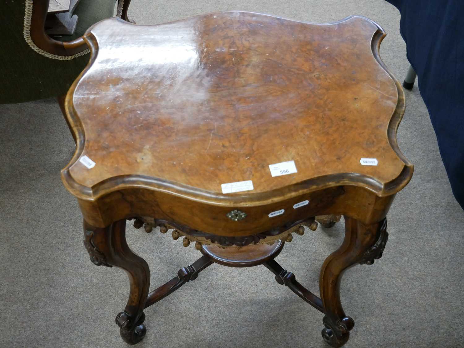 Victorian walnut veneered sewing table of serpentine form, raised on tapering cabriole legs, with - Image 2 of 3