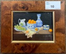 Enid Clarke R.M.S. (British,1919-2020), miniature still life with fruit, oil on board, signed,