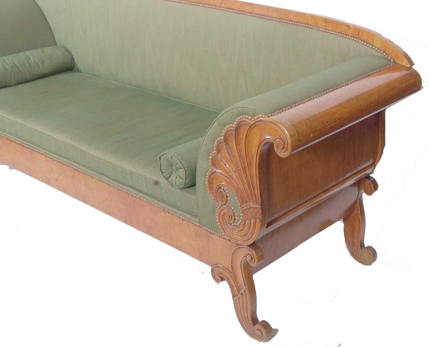 A large Scandinavian Biedermeier style birch sofa with green upholstery and bolster cushions, the - Image 7 of 9