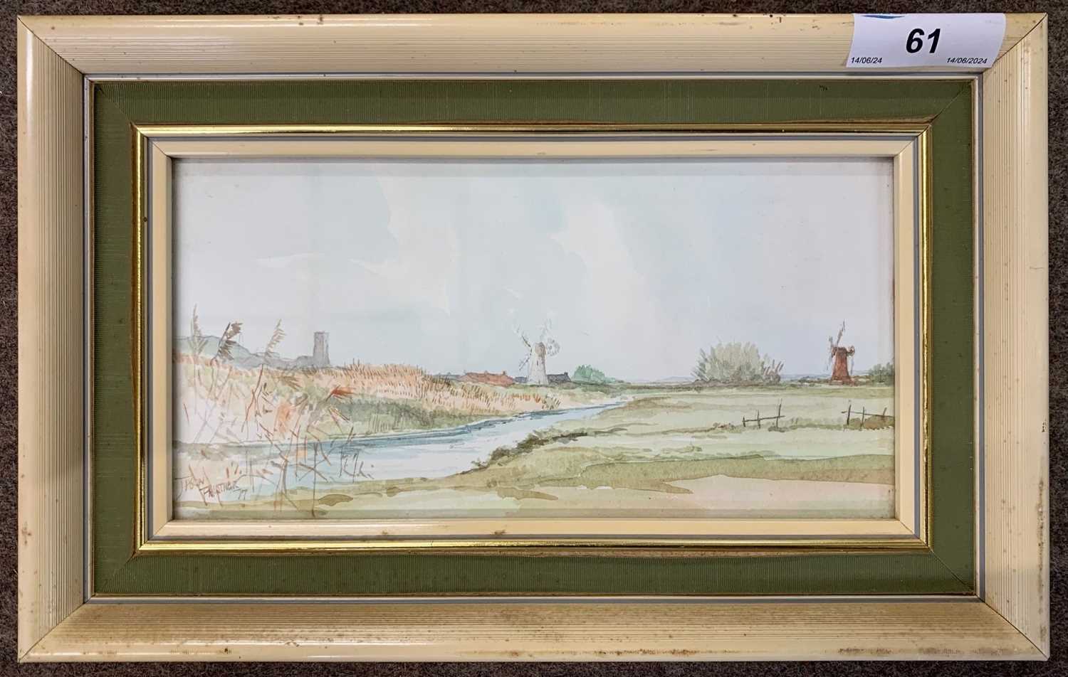 Jason Partner (British, 20th century) 'Thurne Mill, Norfolk', watercolour, signed, 9.5x19.5cm,