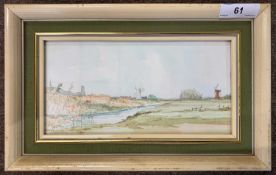 Jason Partner (British, 20th century) 'Thurne Mill, Norfolk', watercolour, signed, 9.5x19.5cm,