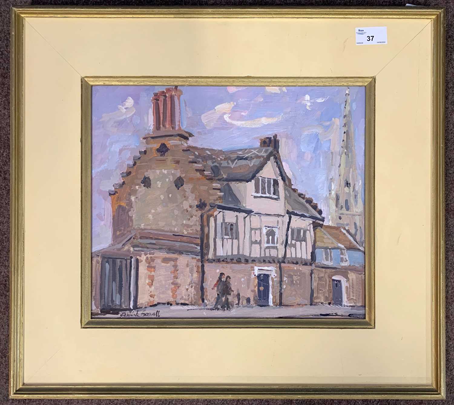 Patrick Boswell (British, b.1943), street scene with tudor buildings, distant cathedral and two