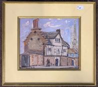 Patrick Boswell (British, b.1943), street scene with tudor buildings, distant cathedral and two