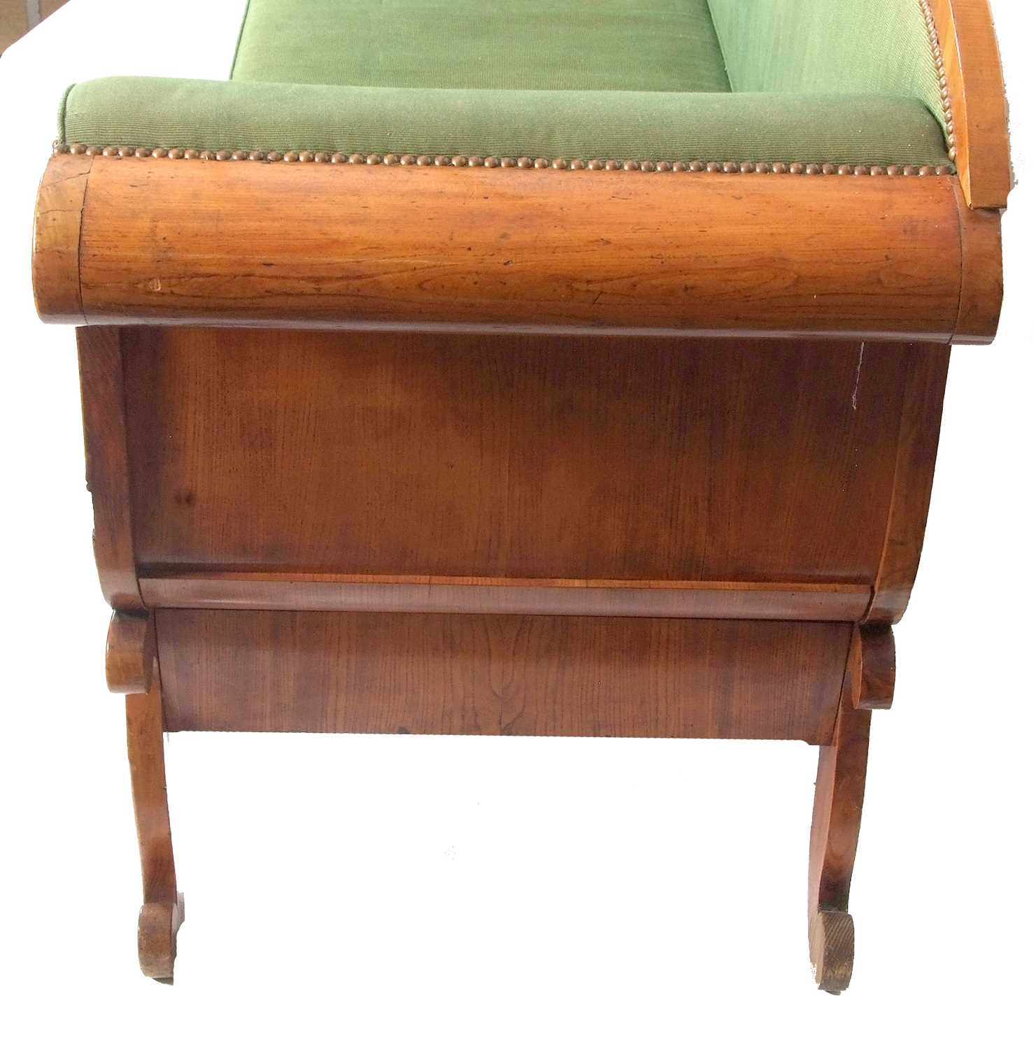A large Scandinavian Biedermeier style birch sofa with green upholstery and bolster cushions, the - Image 8 of 9