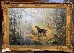 Henry Wilkinson (British,1921-2011), Black lab and Snipe, oil on canvas, signed, 49x74cm, framed.