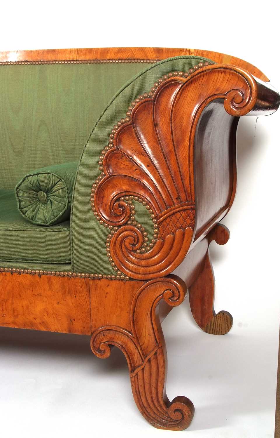 A large Scandinavian Biedermeier style birch sofa with green upholstery and bolster cushions, the - Image 6 of 9
