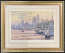 After Frank Shipsides (1908-2005), River Thames and Westminster, chromolithograph, signed in pencil,