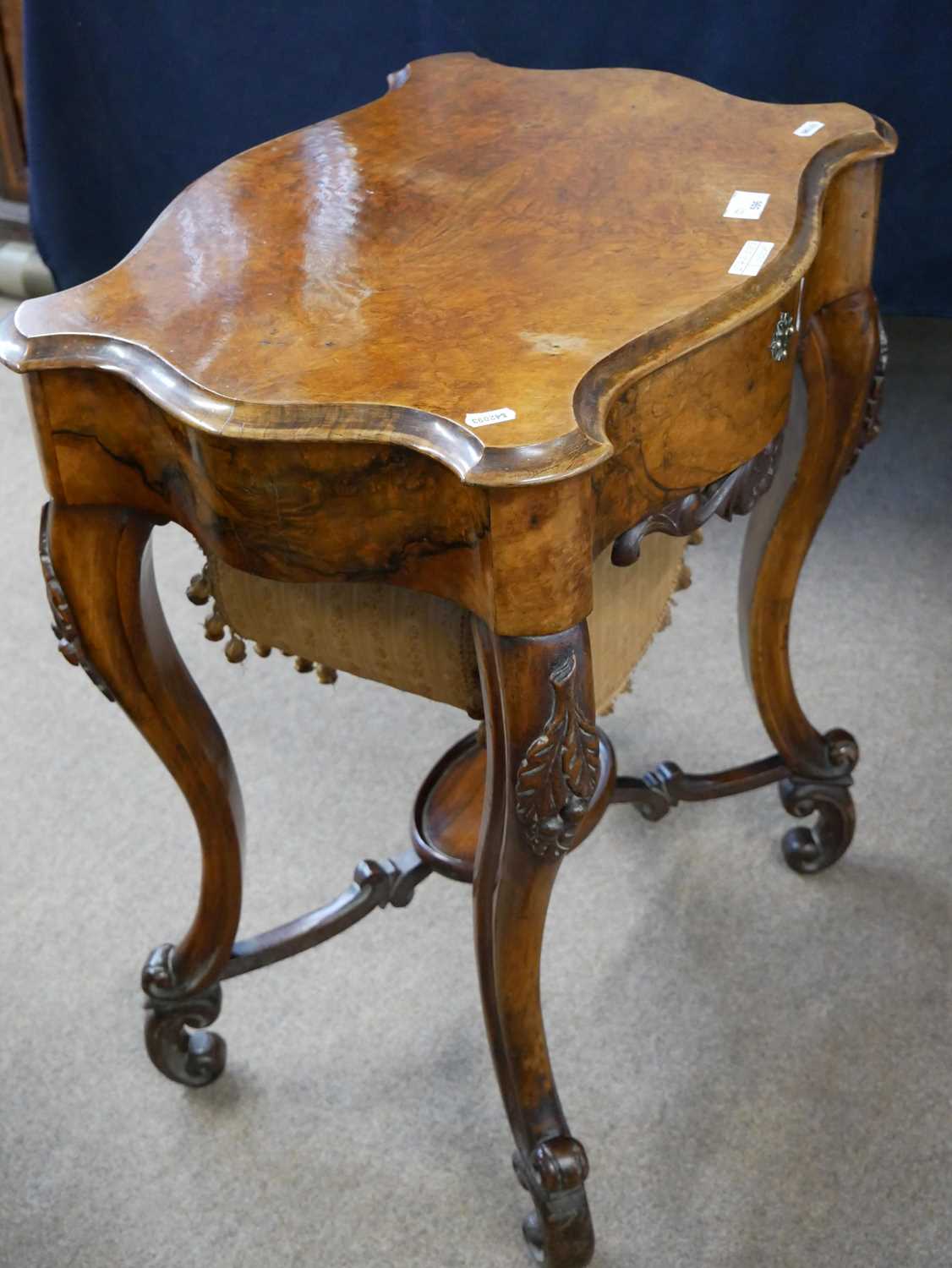 Victorian walnut veneered sewing table of serpentine form, raised on tapering cabriole legs, with - Image 3 of 3