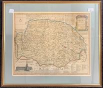 Emanuel Bowen (1694-1767), Norfolk, 18th century hand coloured engraved map, framed and glazed