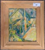 Majorie Jenkins (1905-1996), abstract view over buildings, oil on panel board, initialed, Abbott and
