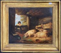 Follower of George Morland (1763-1804), Young boy observes pigs in a stable, oil on canvas (