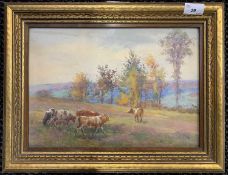 Charles Macdonald Manly (Canadian, 1855-1924), Grazing cattle, watercolour, signed, framed and