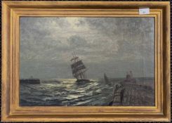 Charles Tracy (British,1870-1948), Shipping / harbour scene lit by moonlight, signed, 34x52cm,