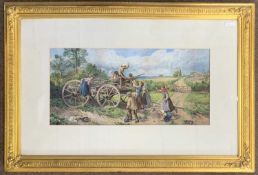 After Myles Birket Foster (1825-1899) Children congregate to play around a wooden cart in a pastoral