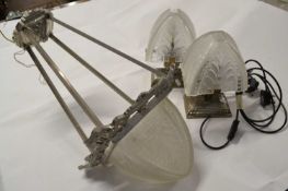 An Art Deco chrome and moulded frosted glass ceiling light fitting of tapering form, 60cm high