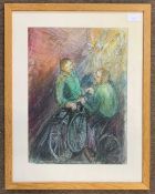 Juliet Wimhurst (British, contemporary), abstract figures with bicycles, mixed media on paper,