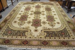 A large 20th Century deep pile floor rug, probably of Indian manufacture, 300 x 410 cm