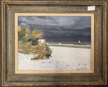 Graham Rider (British, contemporary), Snow on the beach, oil on board, signed, framed