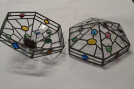 A pair of early 20th Century hexagonal leaded clear and coloured glass ceiling light shades, 33cm