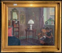 Hans Koefoed Jesperson (1884-1975), Danish interior with a young girl sewing, signed, 47.5x57cm,