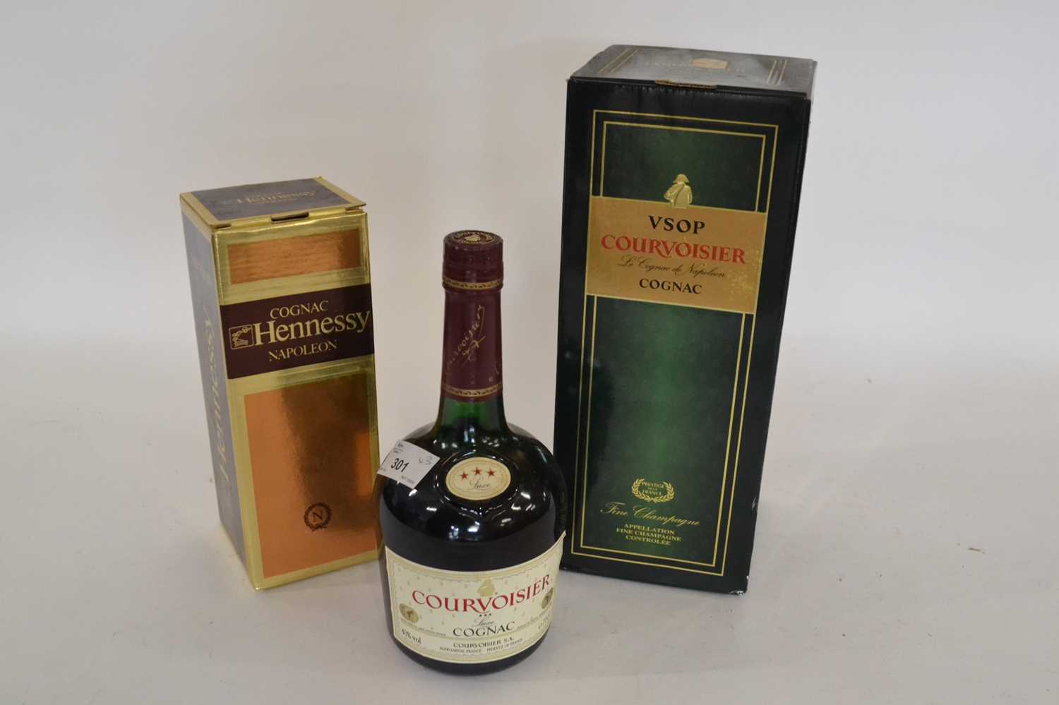 Courvoisier VSOP Cognac Fine Champagne 1 Litre in presentation box together with Cognac Hennessey